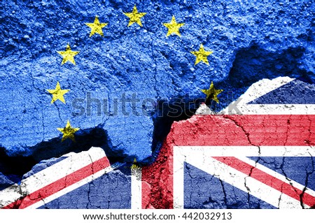 Brexit, Flags of the United Kingdom and the European Union on cracked background Royalty-Free Stock Photo #442032913