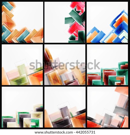 Collection of arrow abstract backgrounds. Set of web brochures, internet flyers, wallpaper or cover poster designs. Geometric style, colorful realistic glossy arrow shapes, blank templates with