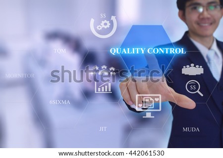 QUALITY CONTROL concept presented by  businessman touching on  virtual  screen 