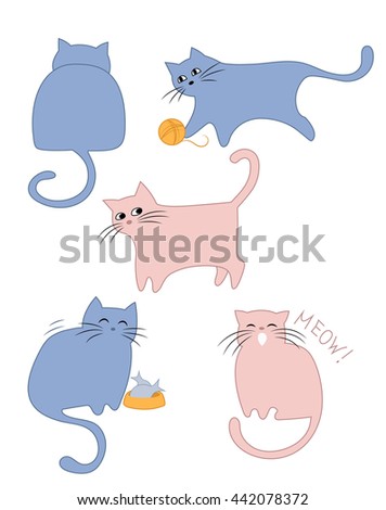 A set of stylized cute fat cats in blue and pink, vector illustration. A cat playing, eating, meowing, yawning, front and back view.