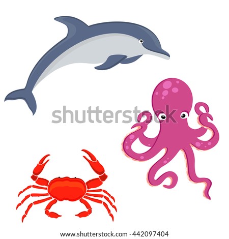 Vector illustration set of sea creatures. Dolphin, octopus and crab. Sea animals collection