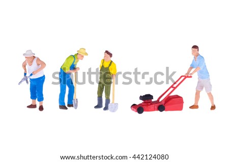 Close up of Miniature gardener people isolate on white background.