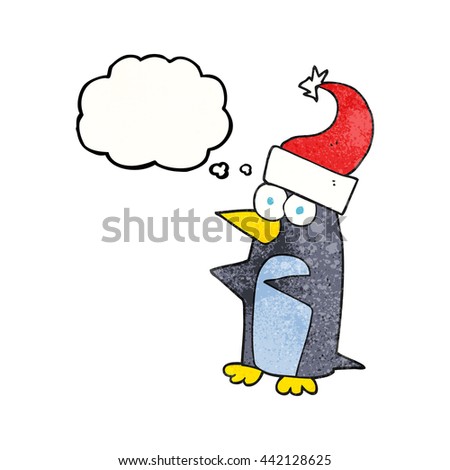 freehand drawn thought bubble textured cartoon christmas penguin