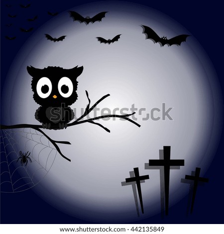 Halloween night background. owl sitting on a tree on the moon. Pattern for greeting or invitation. Vector illustration