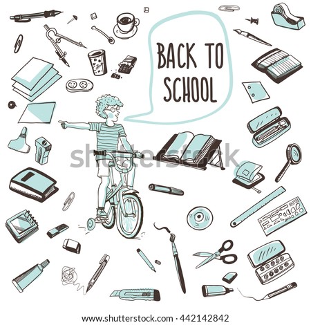 Back to School doodle set.Vector isolated over white background. A set of stationery for school and office in sketch style.