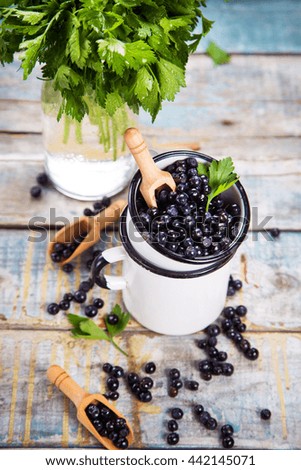 fresh bilberry with green parsley in white cups