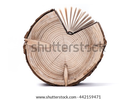Conceptual image about the cross section of the tree trunk and book on white background. Tree Trunk and Book. Royalty-Free Stock Photo #442159471