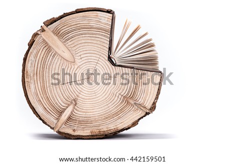 Conceptual image about the cross section of the tree trunk and book on white background. Tree Trunk and Book. Royalty-Free Stock Photo #442159501