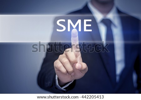 Businessman hand touching SME  button on virtual screen