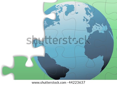The Eastern Hemisphere of a globe of Earth on a jigsaw puzzle with copy space and drop shadow.