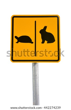turtle and rabbit sign with pole in isolated on a white background
