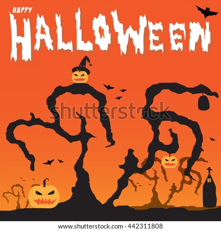 Happy Halloween pumpkins and Silhouette dry tree vector illustration, Orange gradient in background