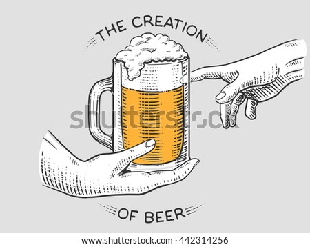 Hands with cup of beer engraving vector illustration. Scratch board style imitation.