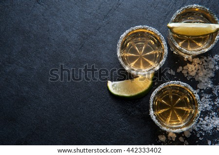 Tequila shots with lime slice and salt, top view Royalty-Free Stock Photo #442333402