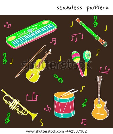 Musical Instruments vector background. Flat vector seamless pattern. Sketch, doodle style. Guitar and violin, synthesizer or drum and trumpet.
