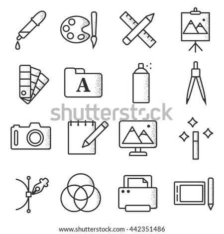graphics icons set, thin line design. graphic design. Creating and image processing, symbols collection on a white background. stipple effect