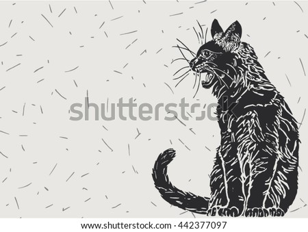 Vector illustration of black cat, isolated over light gray colored background with thin dark lines. 
