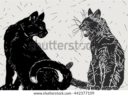 Vector illustration of two black cats communicating, isolated over light gray colored background with thin dark lines. 