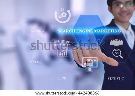SEARCH ENGINE MARKETING  concept presented by  businessman touching on  virtual  screen 