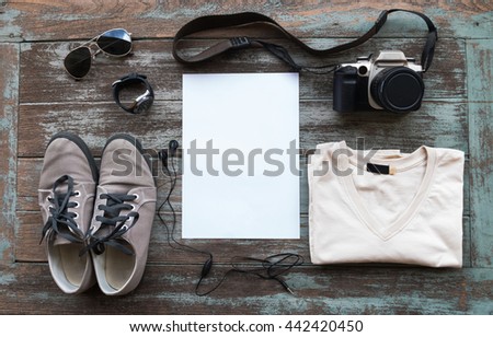 Overhead view of men's casual outfits, Outfits of traveler, boy, male, Men's casual outfits on vintage wood background