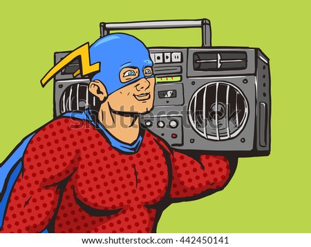 Superhero with radio cassette player. Cartoon pop art raster illustration. Human comic book vintage retro style.