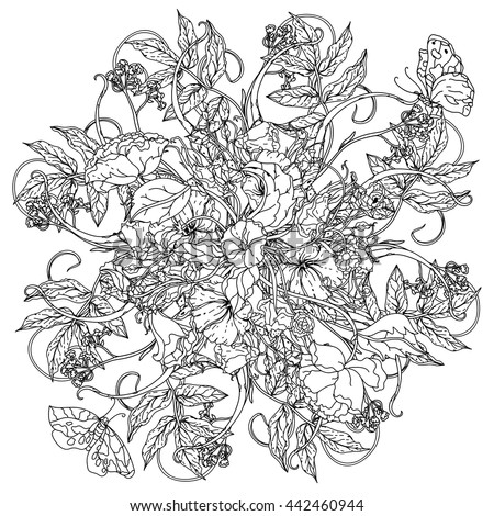 luxury flowers bouquet in shape of mandala for adult coloring book or for zen art therapy anti stress drawing. Hand-drawn, vector, uncolored detailed mandala, for coloring book, t-shirt poster design