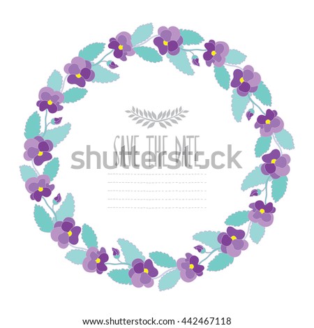 Elegant wreath with decorative pansy flowers, design element. Can be used for wedding, baby shower, mothers day, valentines day, birthday cards, invitations. Vintage decorative flowers.