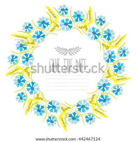 Elegant wreath with decorative cornflowers and wheat, design element. Can be used for wedding, baby shower, mothers day, valentines day, birthday cards, invitations. Vintage decorative flowers.