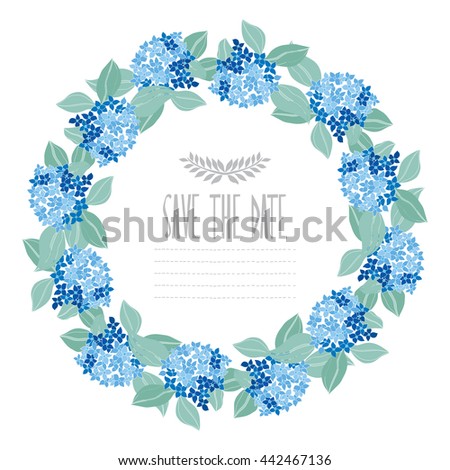 Elegant wreath with decorative hydrangea flowers, design element. Can be used for wedding, baby shower, mothers day, valentines day, birthday cards, invitations. Vintage decorative flowers.