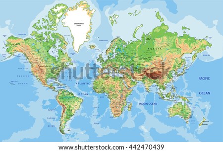 Highly detailed physical World map with labeling. Vector illustration.