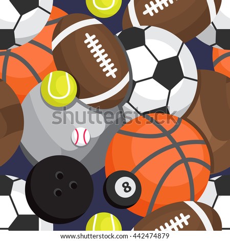 Seamless pattern of balls. Football, volleyball, besketbol, golf, tennis, bowling, rugby, snooker