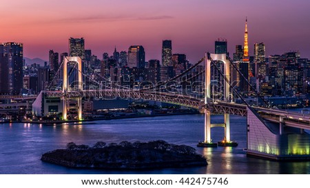 TOKYO cityscape at dusk with Rainbow bridge and Tokyo tower