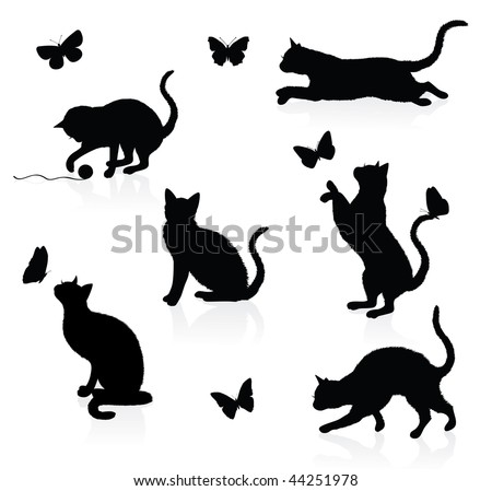 Silhouettes of cats with butterflies.