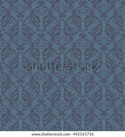 Floral seamless pattern - vector illustration of detailed ornament of floral twigs and curled branches in blue colors
