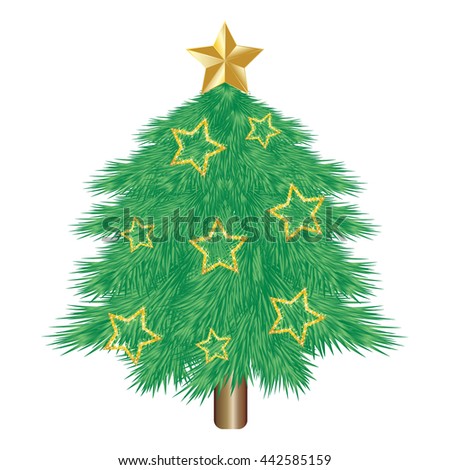 vector illustration of a green pine tree or Christmas tree with hanging star on a white background