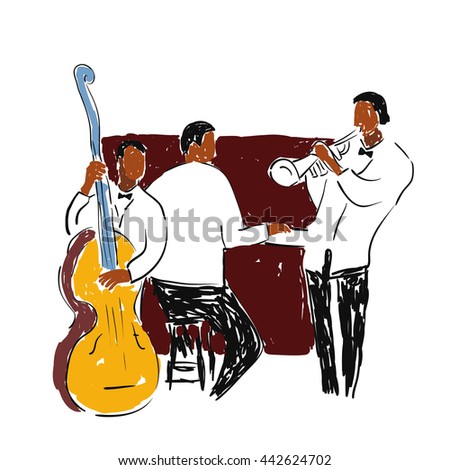 Music Art Concept. Jazz music players with trumpet, contrabass and piano. Festival doodles poster