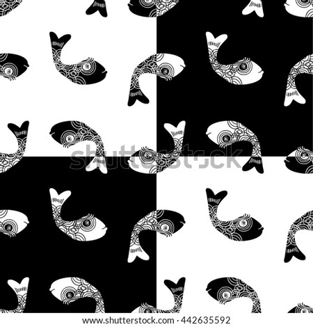 Seamless vector checkered black and white pattern with fishes