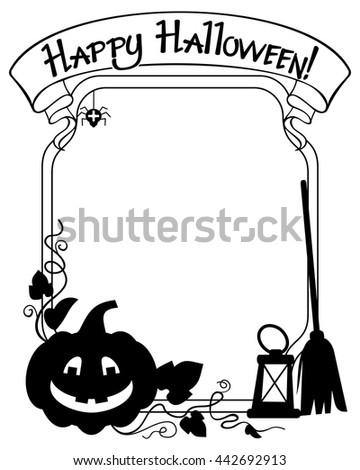 Silhouette  frame with Halloween pumpkin and text "Happy Halloween!" Vector clip art.