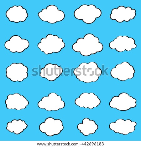 Cloud clip art. Clouds icon and Cloud symbol set. Cloud banners and Cloud buttons. Cloud sky cartoon pattern. White clouds on blue background Illustration. For Art Print Web design. Festival, Holiday