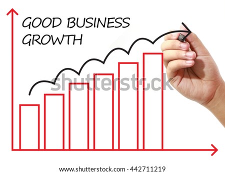 Businessman drawing GOOD BUSINESS GROWTH Graph on virtual screen. Business, banking, finance and investment concept.