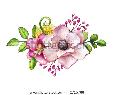 watercolor illustration, pink flowers and green leaves bouquet, floral border, isolated on white background