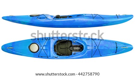 side and top view of crossover kayak (whitewater and river running kayak) isolated on white Royalty-Free Stock Photo #442758790