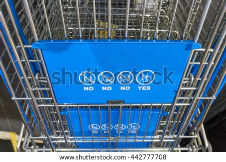 Shopping mall trolley signage in blue color 