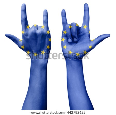 Hands making I love you sign, Europe flag painted, multi purpose concept - isolated on white background, illustration.