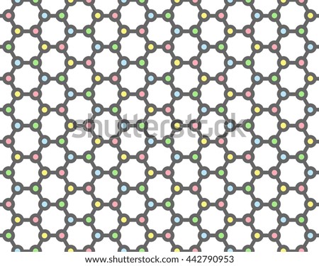 Black color structure molecule mesh on white color background, red, blue, green and yellow color dot seamless pattern background vector