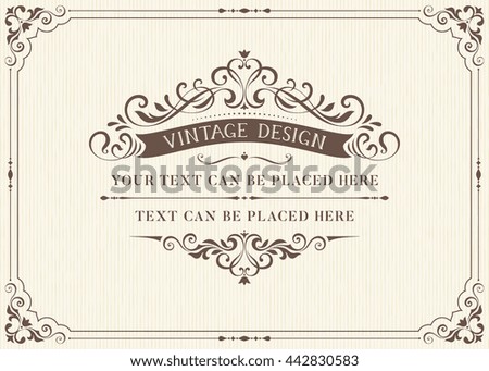 Ornate vintage card design with ornamental flourishes frame. Use for wedding invitations, royal certificates, greeting cards. Vector illustration.