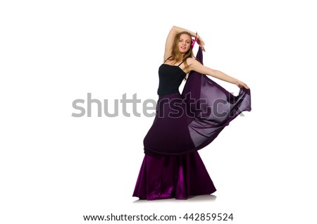 Woman in purple dress isolated on white