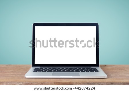 Front view of the laptop is on the work table, colorful background, clipping path inside