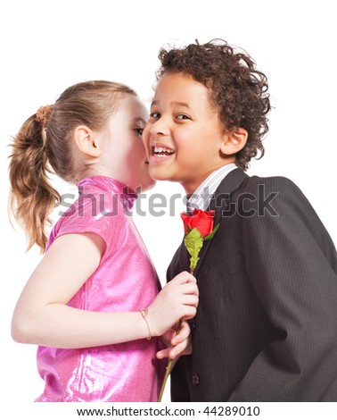 boy giving a rose to a girl, isolated on a white background