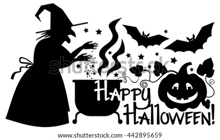 Holiday greeting "Happy Halloween!" and silhouette of a witch preparing potion in the magic cauldron. Vector clip art.